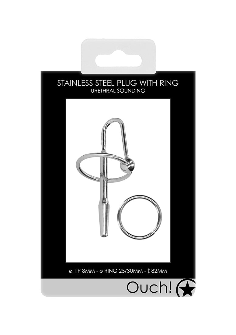 Stainless Steel Penis Plug with Glans Ring - 0.3" / 8 mm