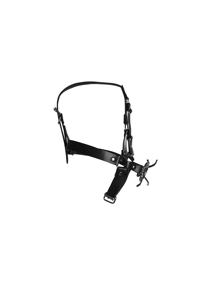 Head Harness with Spider Gag and Nose Hooks - Black