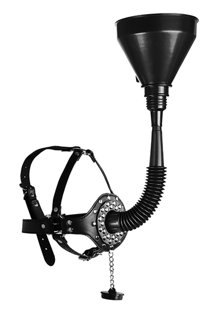 Open Mouth Gag Head Harness with Funnel - Black