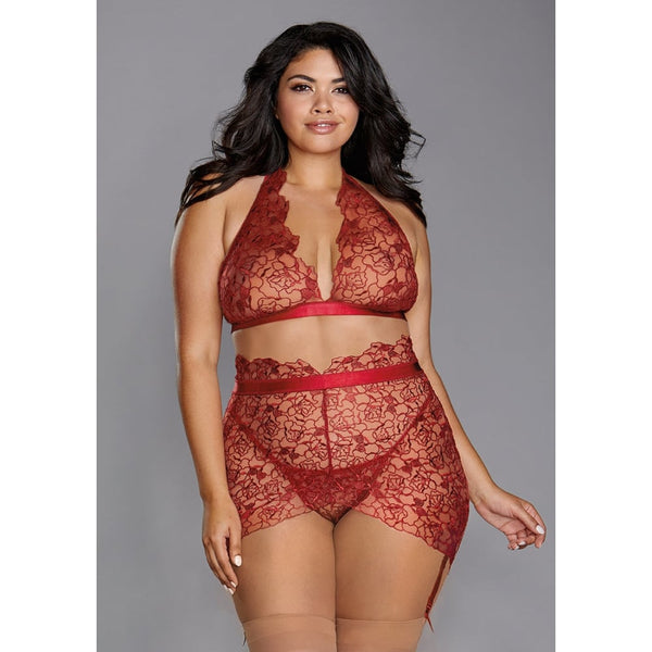 Dreamgirl | Delicate Floral Embroidery Three-Piece Set - Garnet