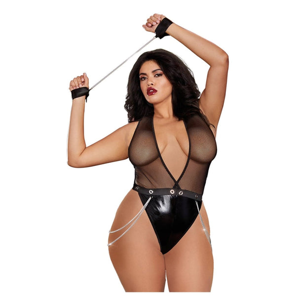 Dreamgirl | Faux-Leather Deep Plunge Halter Teddy