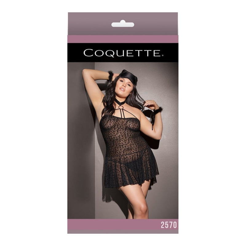 Coquette | Kitty Leopard Babydoll with Cuffs & Eye Mask - Black