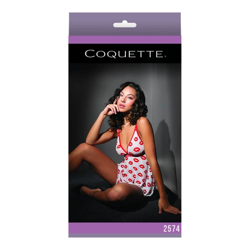 Coquette (All) | Lip Print Babydoll & Thong - White - OS