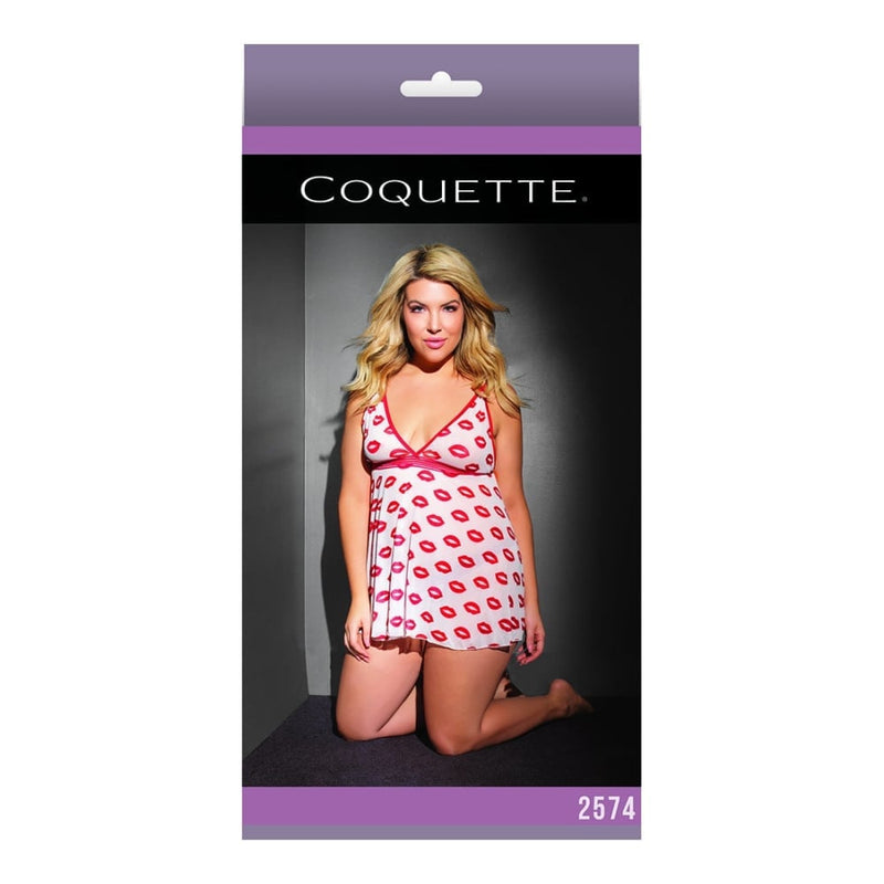 Coquette (All) | Lip Print Babydoll & Thong - White - Queen