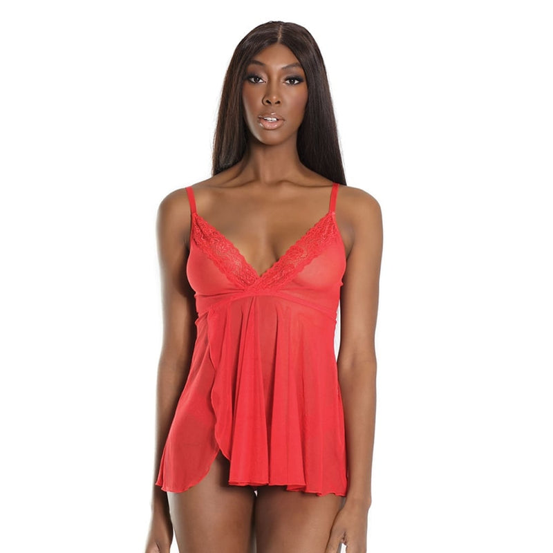 Coquette | Trim Babydoll And Thong - Red